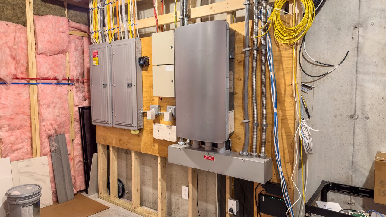 Panels, conduit and labelled branch circuits along a basement wall on an Amped Up job