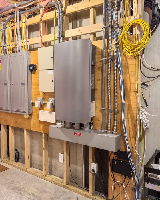 Subpanels, conduit and branch circuits run along a basement wall during a rough-in