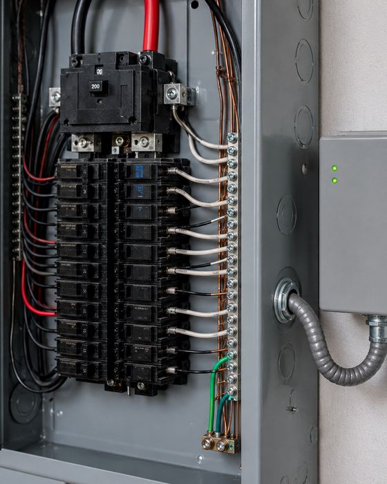 Surge protective device mounted beside a residential load center with its whip run into the panel