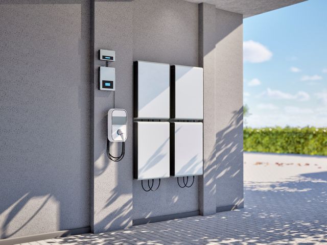 Wall-mounted EV chargers in an open garage bay at a Lewisville, NC home