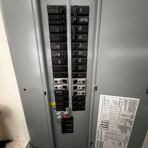 Open electrical panel with labelled breakers during a service call in Clemmons, NC