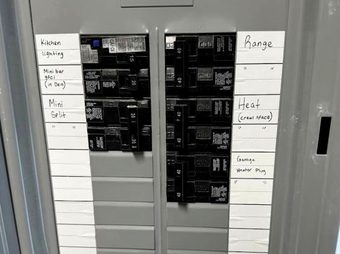 Open residential load center with every branch circuit hand-labeled after a panel upgrade