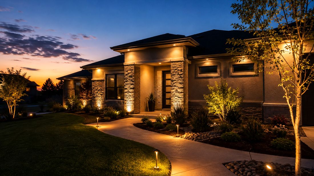 Landscape and facade lighting on a home at dusk, with path lights along the walkway