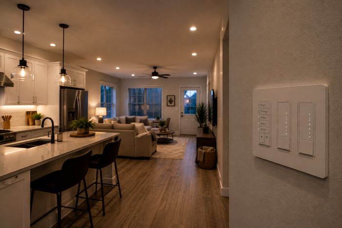 Pendant lights over a kitchen island and a ceiling fan in the living space beyond