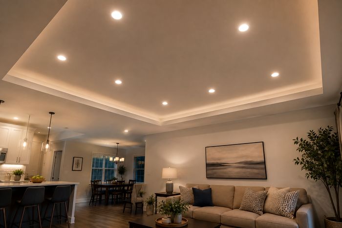Recessed downlights washing a tray ceiling in an open living space
