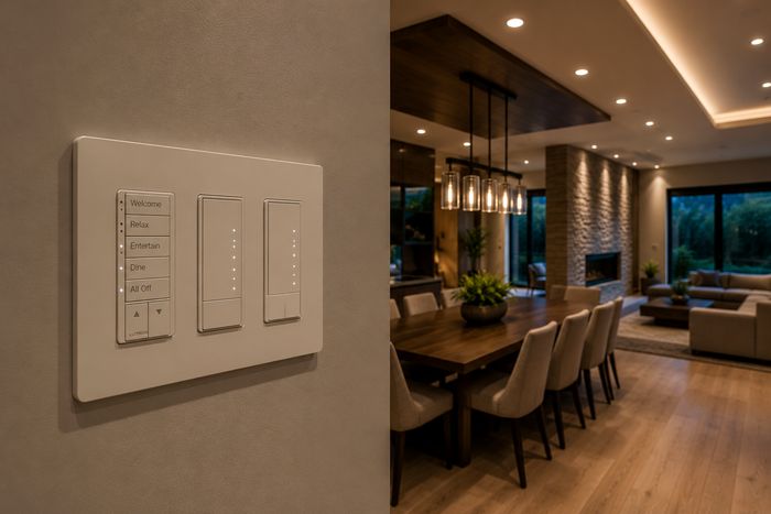 Wall keypad beside an open dining and living space with the lighting scene set
