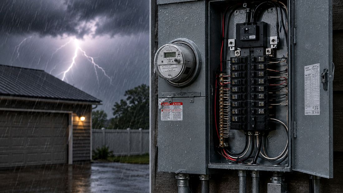 Lightning over a house at night with the meter and service panel on the exterior wall