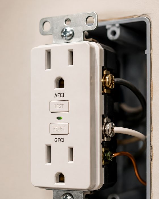 Combination AFCI and GFCI receptacle wired into a device box